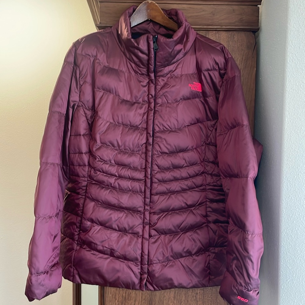 Uses north face down coat, maroon metallic xxl